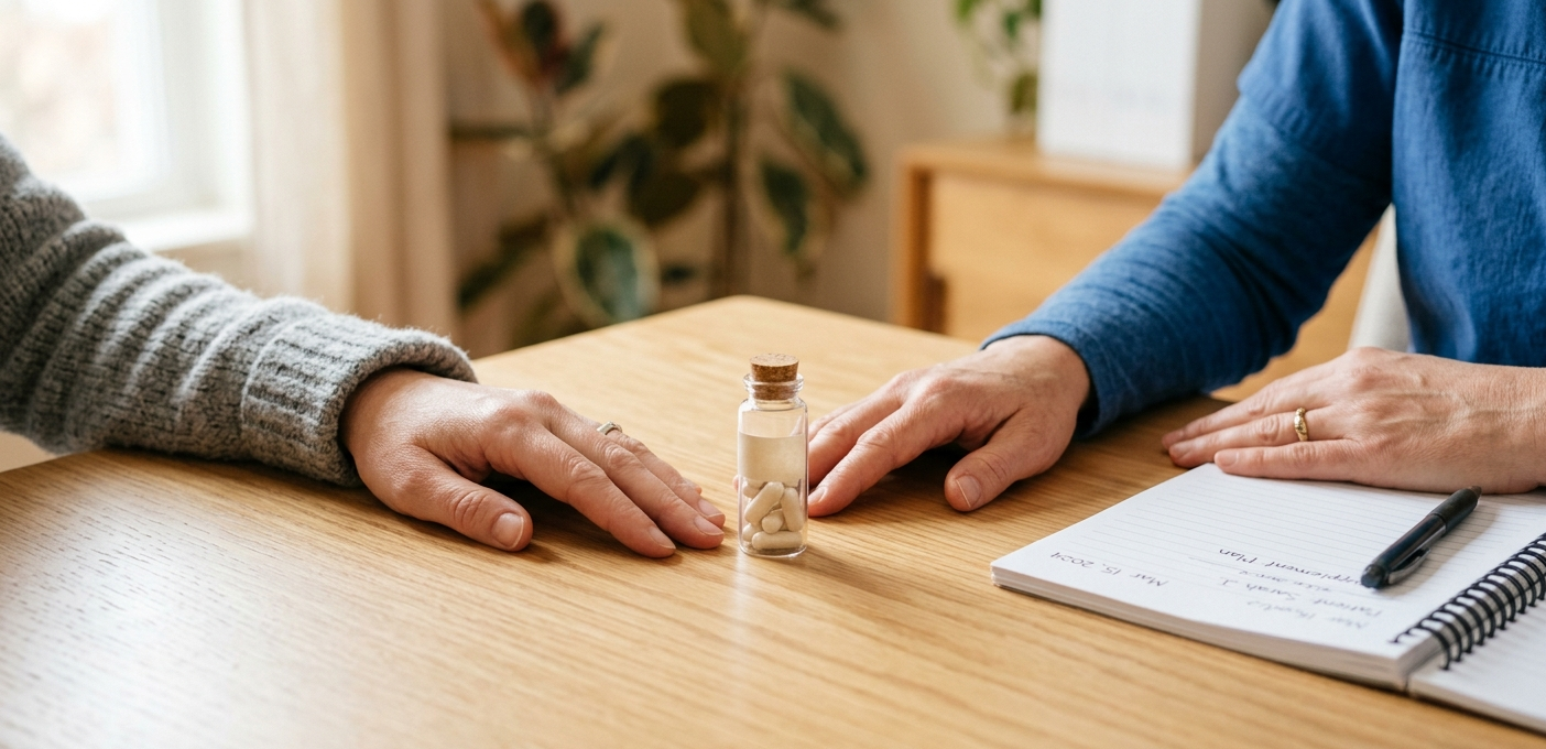 A physician and a patient discussing B12 replacement therapy options together at a desk.