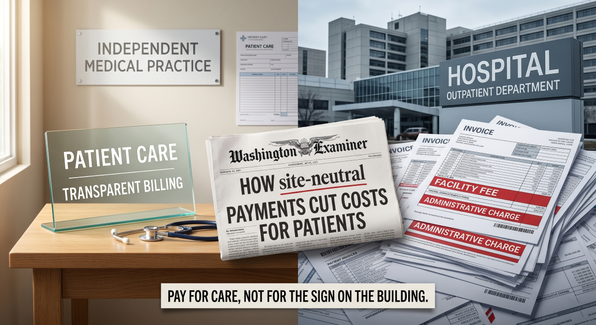Graphic illustrating hospital pricing distortions by contrasting an independent medical clinic with transparent billing against a hospital outpatient department charging inflated facility fees.