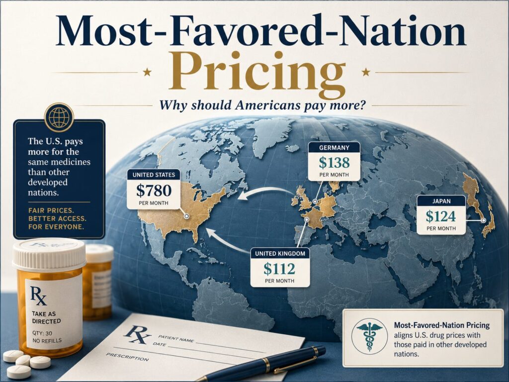 Most-Favored-Nation prescription drug pricing infographic comparing U.S. medication prices with prices in other developed countries