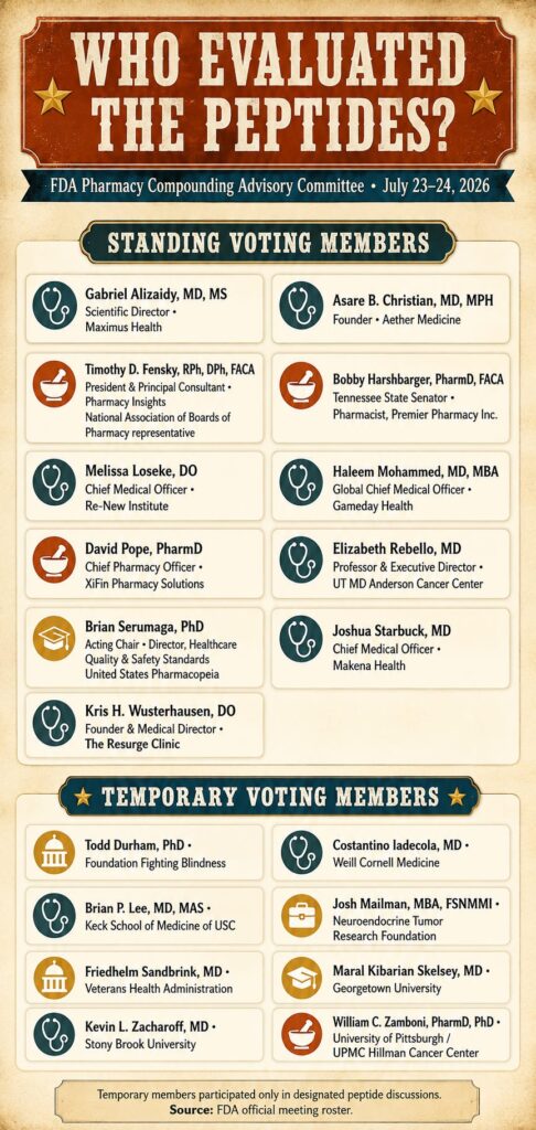 Members of the FDA Pharmacy Compounding Advisory Committee who evaluated peptides in July 2026