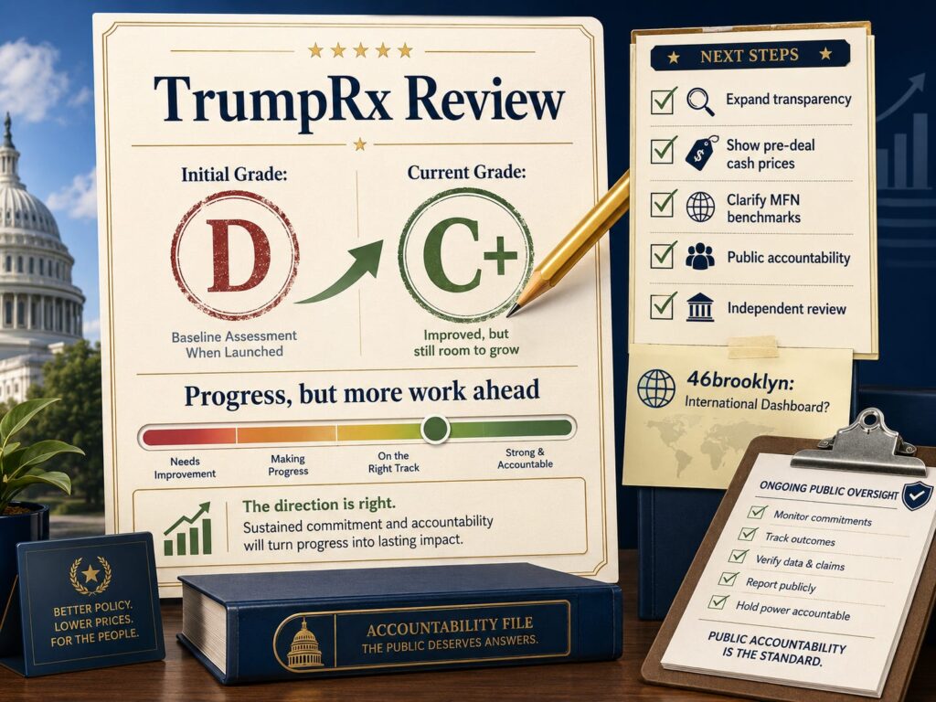 TrumpRx review graphic showing an improved grade from D to C+ for prescription drug price transparency and consumer price discovery