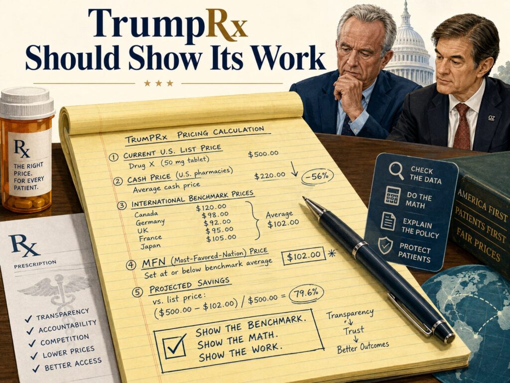 TrumpRx prescription drug price transparency illustration calling for disclosure of list prices, cash prices, international benchmarks, and negotiated savings