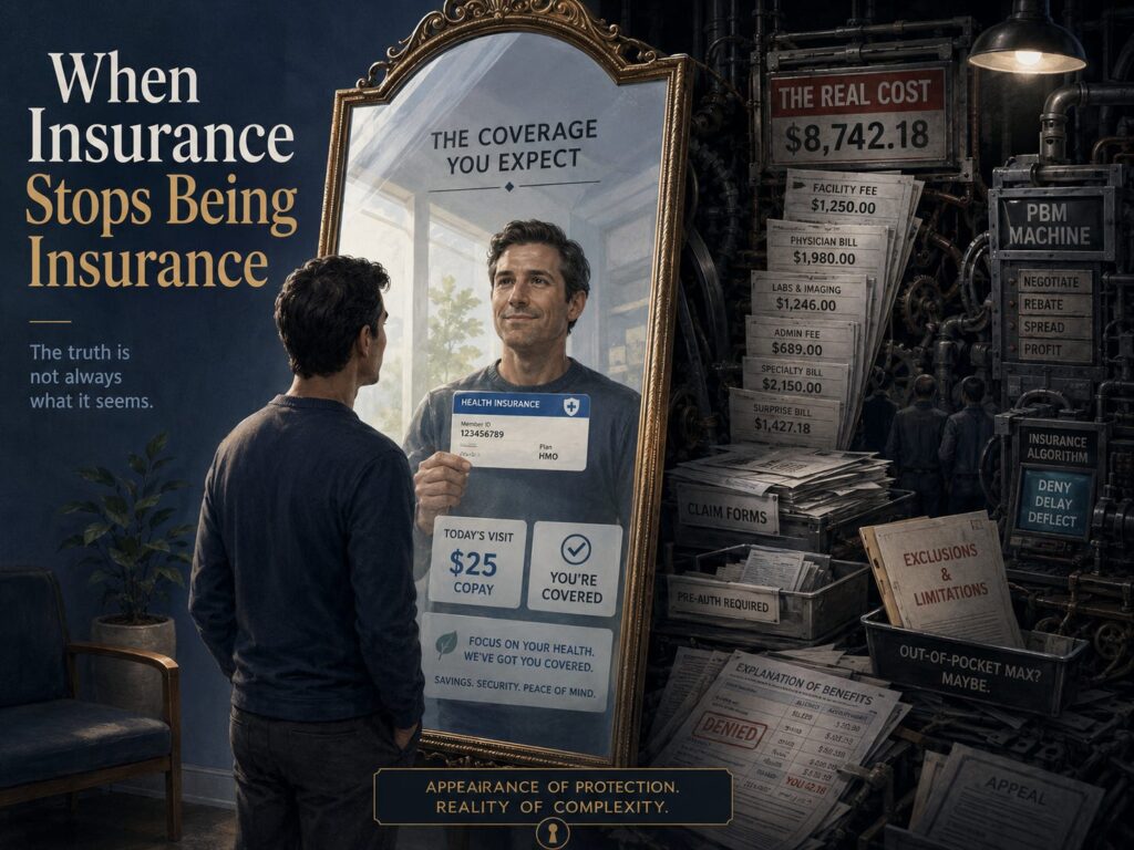 When Insurance Stops Being Insurance illustration showing the difference between prescription drug coverage expectations and actual medication costs