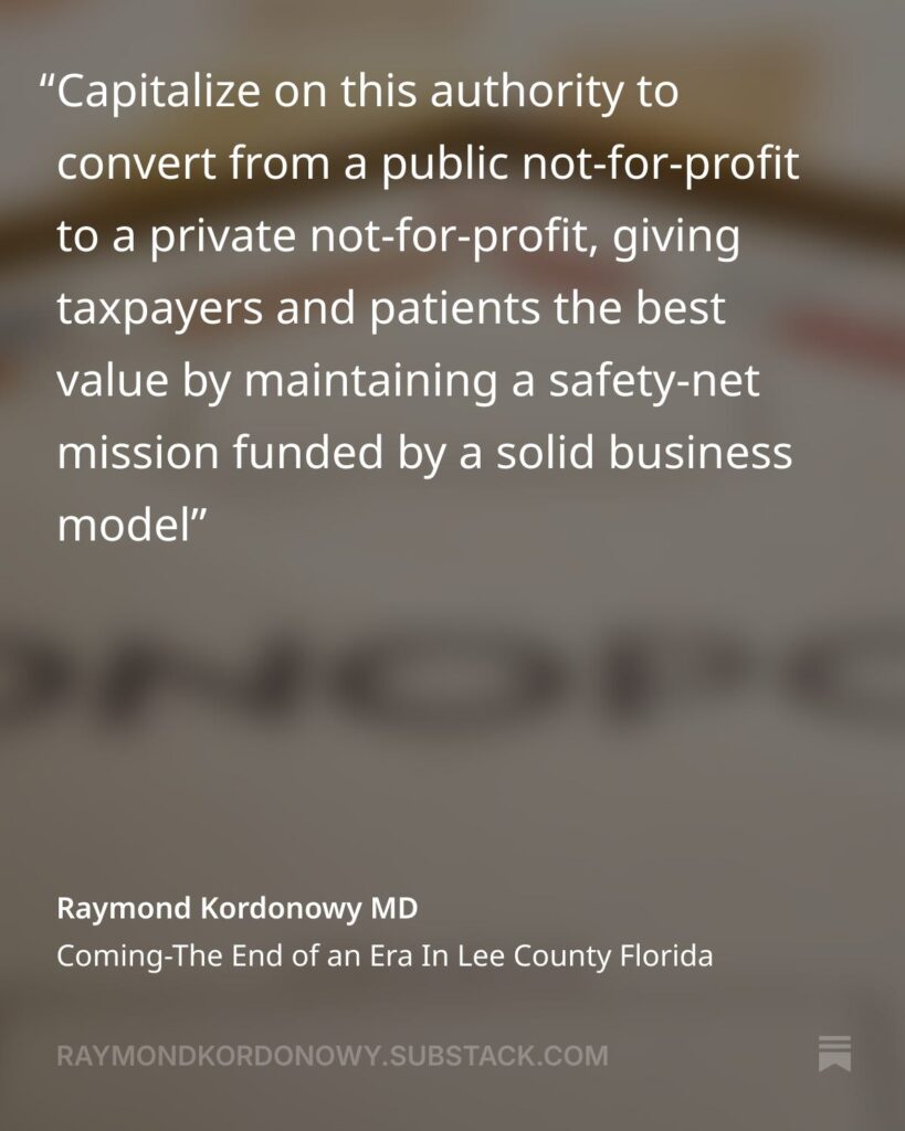 Quote graphic about converting Lee Health into a private nonprofit while preserving its safety-net mission.