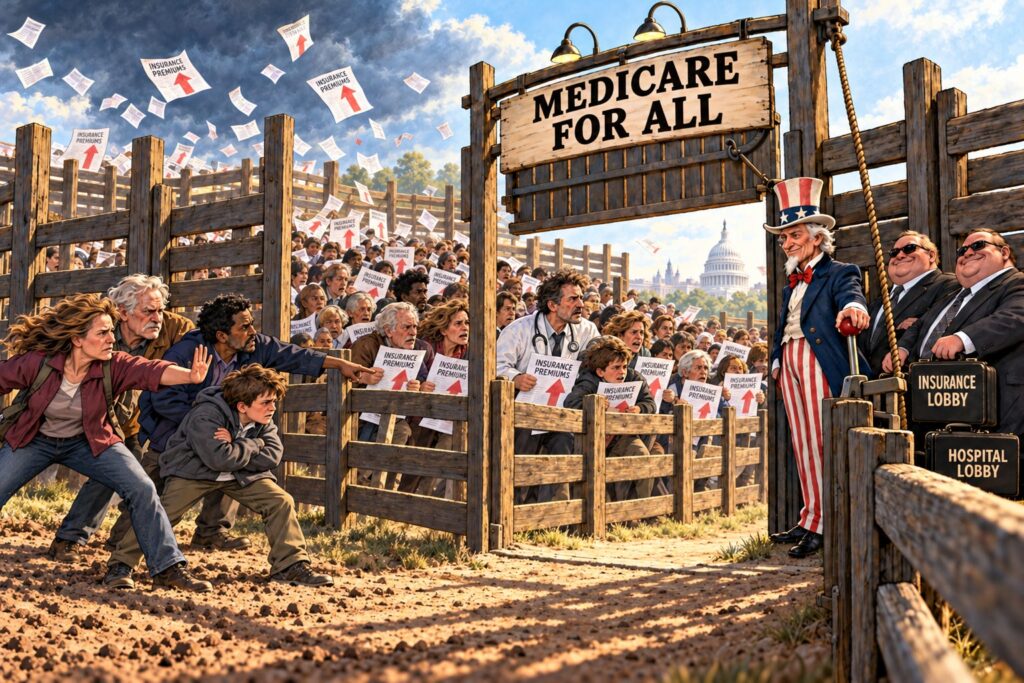 Editorial illustration of patients moving through a wooden gate marked “Medicare for All,” with politicians and lobbyists standing beside the exit.