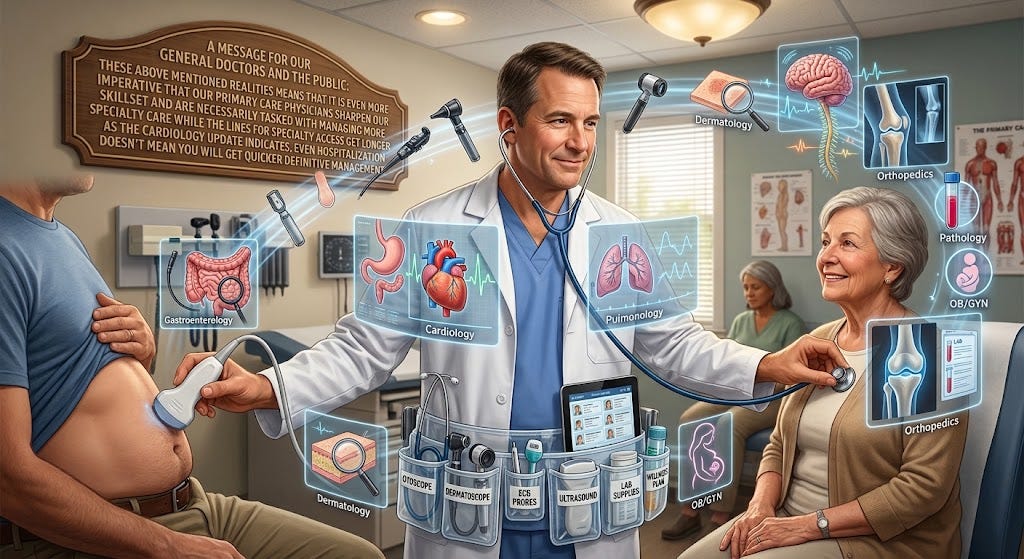 Illustration of a physician with patients and specialty-care icons representing access to medical care in Fort Myers, Cape Coral, Naples & surrounding areas.