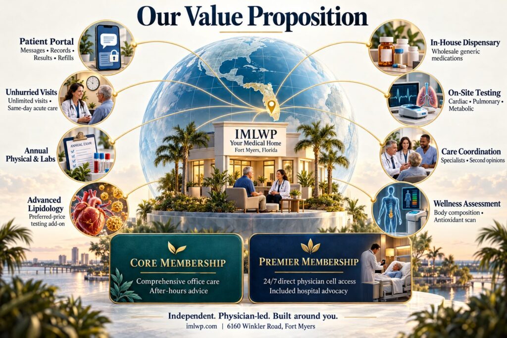 IMLWP value proposition infographic showing membership-based direct primary care, physician access, testing, care coordination, wellness services, and a Fort Myers Concierge Medical Clinic.