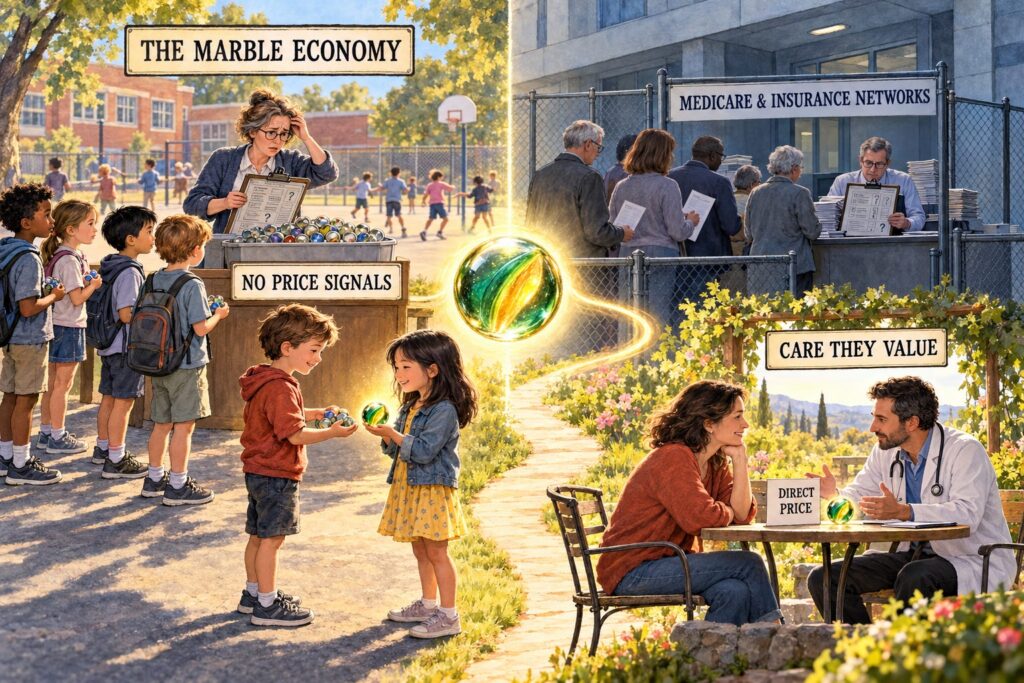 Split-scene illustration comparing children trading marbles in a schoolyard with patients seeking care through insurance networks and direct-pay doctors.